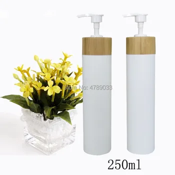 10pcs 250ml Esvaziar Garrafas Reutilizáveis Para Emulsão Shampoo PE Garrafa Com Tampa de Bambu-E-Branco de Plástico Bomba