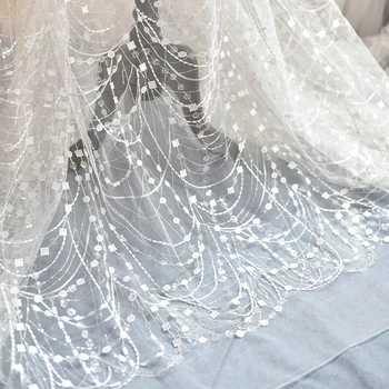 1yard 130cm de Onda de borla solúvel em Água esferas de bordado de lantejoulas tecido do laço DIY traje vestido de casamento vestido