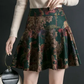 2020 das Mulheres do Vintage Impressão de Cintura Alta Mini Lã Saias Plissadas coreano Estilo Retro de Senhoras Swing Floral Saia Curta jupe femme T257
