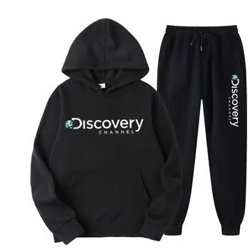 2022 Discovery Channel Homens de Casaco+Calça Conjunto de Outono Inverno Quente Sportswear Conjunto de Homens da Moda de Rua Capuz