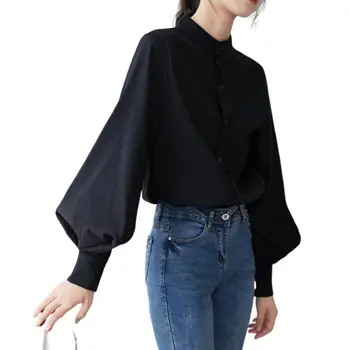 2022 Moda das Mulheres Blusa Camisa Lanterna Mangas Elegante Stand Colarinho Casual Mulheres Camisa Blusa de Cima para uso Diário Blusas