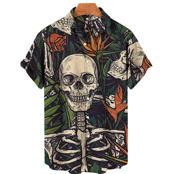 2022 Verão dos Homens de Moda Havaiana Camisas de Manga Curta, Um Botão de Caveira Impressão 3d de Praia Casual Camisa Plus Size 5xl Tops homens thirt