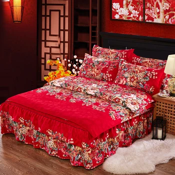 4Pcs Novo reativa impressão de luxo conjuntos de cama queen king size capa de edredão conjunto de cama de saia conjunto de roupa de cama fronha