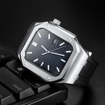 A Apple Modificou Fluororubber Pulseira de relógio feita de Metal Com a Coroa para iwatch4/5/6/SE o Protetor de Aço Inoxidável anel-o de Viton Alça de 44mm