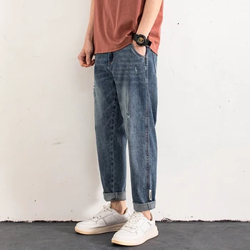 A Coleção Primavera / Verão Streetwear Largas De Algodão, Jeans, Calças De Homens Coreano Moda Solta Reta Buraco Ripped Jeans Calças Masculinas Da Marca Z39