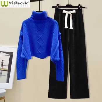 A primavera e o Outono da Mulher Terno de 2022, a Nova Moda de Lazer Slim Gola Alta Suéter Azul de Perna Larga, Calças de Duas peças de Conjunto
