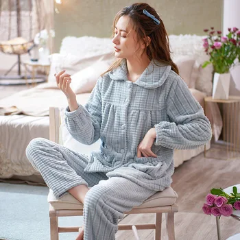 Alta Qualidade De Flanela Mulheres Pijama Conjunto De Outono Inverno Grosso Warm Coral Do Fleece Pijamas Homewear Para A Fêmea Peignoir Mulheres De Roupas