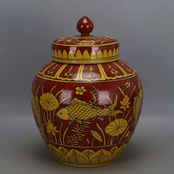 Antigo MingDynasty pote de porcelana,Vermelho terra amarelo Peixes, as algas podem ,Decoração Pintada a Mão /Coleção/ artesanato,frete Grátis
