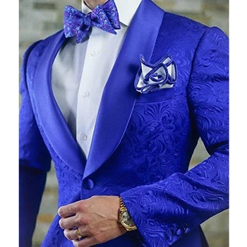 Azul Royal Floral Homens Ternos Para Casamento Noivo Smoking Xale Lapela Do Terno Padrinhos Melhor Homem Blazer 2 Peças Jaqueta Calças