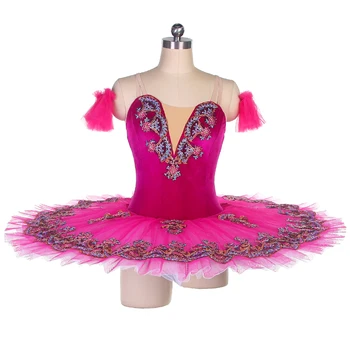 BLL432 cor-de-Rosa de Veludo Corpete Pré-Profissional Ballet Dança Tutu Vestido com 7 Camadas Duras de Tule Panqueca Tutus Desempenho DanceWear