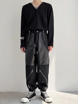 calças cargo Darkwear homens de metal multi zíper decorativo do couro do PLUTÔNIO do projeto de material de 2023 patchwork masculino calças