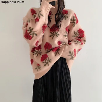 Chique Camisola de Mulher 2022 Outono Novo Coreia Elegante Ins Moda O-pescoço com estampa floral com Mangas Longas Versátil Pulôver de Tricô