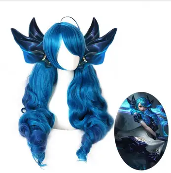 Cosplay 85cm Jogo LOL Gwen Peruca Gradiente Azul Ondulado Parte do Lado de Gwen Peruca com Franja rabos-de-cavalo Cabelo para a Festa de Halloween