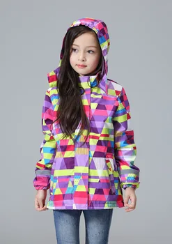 crianças/crianças/meninas impressão geométrica casaco à prova de vento, impermeável da trincheira, primavera/outono jaqueta w forro de lã, tamanho 98 146