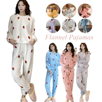 Desgaste da noite as Mulheres Pijama Conjunto para o Inverno Lapela Casaquinho de Manga Longa Cartoon Pijamas de Flanela Pijama Menina Quente Pjs