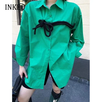 Designer de 2022 Primavera Chinês nó Blusa Luxo de manga Longa Feminino Oversized camisa Verde Branco Tops Senhoras vestuário INKEO 2T006