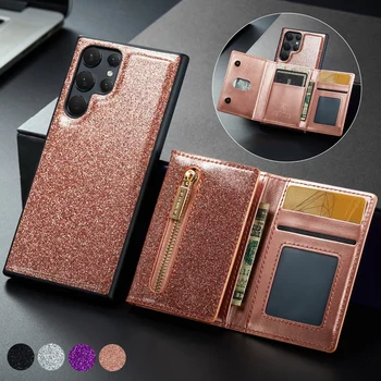 Destacável Glitter Telefone de Couro Carteira Stand Case Para Samsung Galaxy S23 S21 S22 Mais S20 FE,Nota 20 Ultra Rose Cartão de Tampa