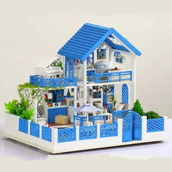 DIY de Madeira, Casas de Boneca em Miniatura Construção de Kits com Móveis de Oceano Azul, a Casa Casa de bonecas Artesanal de Brinquedos para os Amigos Presentes de Aniversário