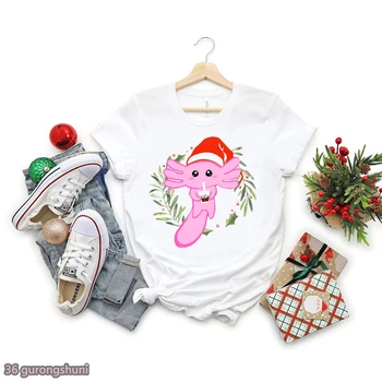 Feliz Natal Axolotl Boba De Impressão Mulheres Camisetas Funny T-Shirt Branca Femme Harajuku Kawaii T-Shirt Feminina Moda Verão Tops
