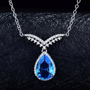 Gota de água &Asas de Cristal Azul Topázio Pedras de Diamante Pingente de Colares para as Mulheres de Ouro Branco Festa Cheia de Jóias Preciosas Presente