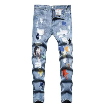 Homens Lua Estrela Ripped Jeans Calças Rasgadas Lavado Casual, De Jeans, Calças Para Homens Primavera, Outono