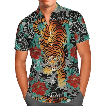 Japão Cultura Tigre Tatuagem 3DPrint Homens Verão Praia Havaiana Camisa de Manga Curta Camisa Solta Streetwear Oversize Camisa Hombre-1