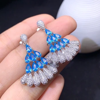 longa luxuoso borlas Fã vertente natural topázio azul brincos de pedra preciosa Natural brincos de prata 925 mulheres parte do presente da jóia