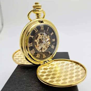 Luxo Duplo Aberto Caso de Ouro Vintage Mecânica Relógio de Bolso para Homens Mulheres Esqueleto de Discagem Numeral Romano Homem Fob Corrente Relógio Pingente
