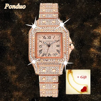 Luxo Rosa de Ouro Mulheres Assista Data Impermeável Senhoras Mulheres Relógios de Pulso de Senhora Casual de Aço Inoxidável de Diamante do cristal de rocha do Relógio