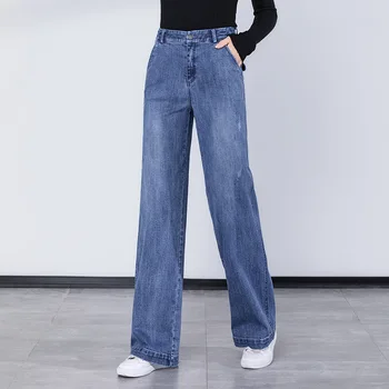 Makuluya Mulheres Plus Size Slim Novo Casual, de Jeans, Calças de Todos-Jogo de Alta Qualidade calças de Brim em linha Reta Wide-legged Completa de Calças de Comprimento RGL6