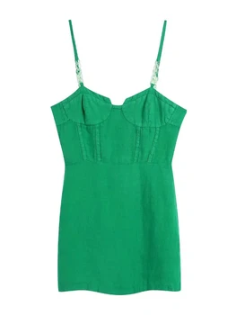 Merodi Senhora Chique Cadeia De Moda De Espaguete Fita Verde Reta Mini Vestido Das Mulheres Sem Mangas De Volta Zipper Cintura Alta Vestidos De Verão