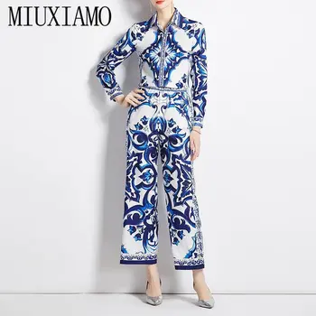 MIUXIMAO Designer de Moda Verão Terno das Mulheres Azul e a Branca da Porcelana Impressão de Manga Longa Blusa + Calça de Duas Peças de Conjunto