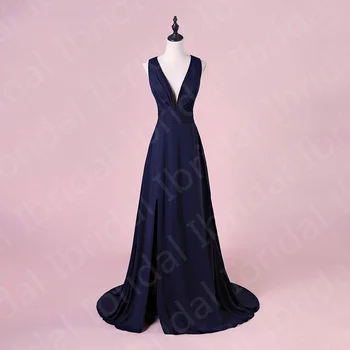 Moderno, Simples Azul Marinho Mãe de Vestidos de Noiva sem Mangas Festa Vestidos de Gola V de Lado a Divisão Mãe da Noiva Vestidos Cruz de Volta