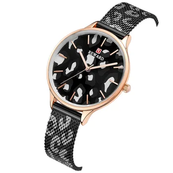 Mulher Relógios de Marca de Moda de RECOMPENSA estampa de Leopardo de Malha de Aço Assistir a Mulher Ultra-fino Senhoras Relógio Japonês Movimento Feminino Relógio