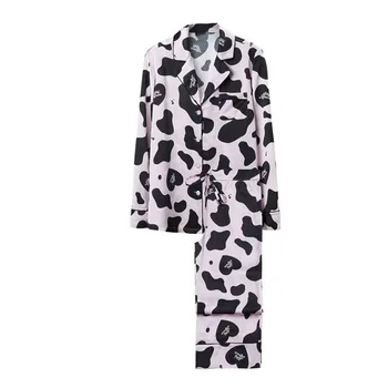 Mulheres de Cetim cor-de-Rosa Bonito da Vaca Impressão Pijama 2 peças de Manga Longa, Calça-casaco de Senhoras Pijamas Pijamas Terno Para as mulheres Homewear