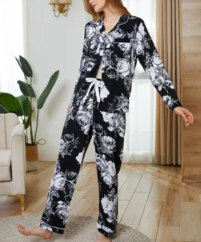 Mulheres de Manga Longa Conjunto de Pijama de estampa Floral Quente Sono Top e Calças, Casual Relaxar Ajuste de Dormir