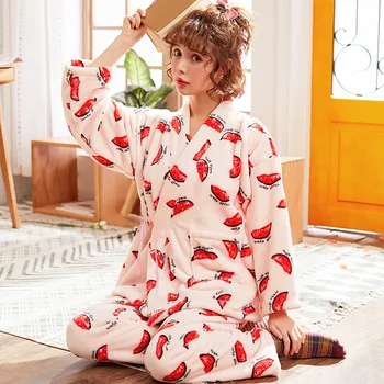 Mulheres inverno grosso coral de lã de pijama vestido de roupão de banho quimono de manga longa, calças de flanela bonito mulheres de pijama conjuntos mulheres pijama