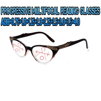 Multifocal progressiva Anti Blu Luz de Leitura Óculos Vermelho Armação de Metal Homens Mulheres de Alta Qualidade Olho de Gato Grande Tamanho do Quadro+de 0,75 A+4