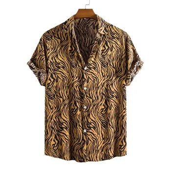 Nova Mens Moda Leopard print T-Shirts de Manga Curta Botão de Lapela Camisas Casuais
