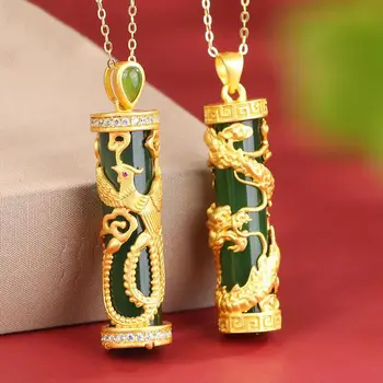 Novo antiga ourivesaria Hetian do dragão de jade, pilar fênix dourada, colar de pingente de homens e mulheres par de jóias de prata