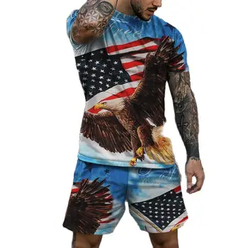 O verão masculino de Jogging Terno 2Pcs Impressos em 3D Bandeira Americana Eagle Moda de Rua de roupas masculinas de Futebol Oversize O-gola do Terno XXS-6XL