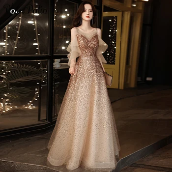 Ouro Sequin Vestidos Longos de Noite Vestir Elegante, O decote em Uma linha do Assoalho-comprimento Brilhante Brilhante de Baile, Vestidos de Festa 2021