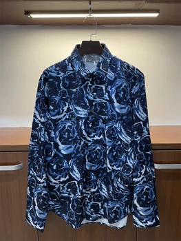 Outono Quente Dos Homens De Moda De Alta Qualidade, Azul, Rosa De Impressão De 50% Seda, Camisas De Topo B946