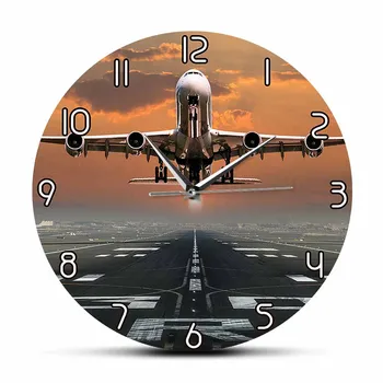 Passageiro De Avião Que Pousa Relógio De Parede Moderno Aviadores Arte Relógio Enorme De Dois Andares Avião Comercial Céu Pôr A Decoração Home