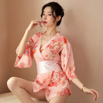 Retro Impressão Quimono Roupão de banho Sexy Espartilho Paixão Uniforme Tentação Pijama roupa de dormir a Noite Veste de Mulher Dama de honra de Dom
