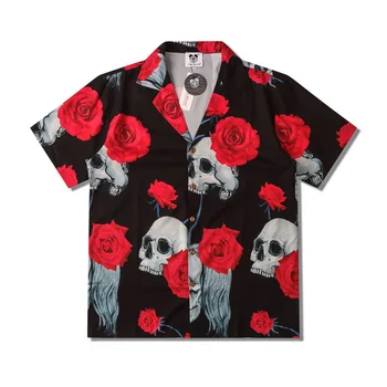 Roupas masculinas 2022 Moda Vintage Rose Crânio Impressão de Manga Curta, Camisas de Verão Casuais Novo Praia Havaiana Viking Homem de Camisa Tops
