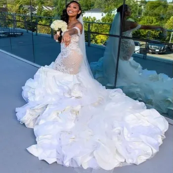 Ruffles Trem de comprimento Sereia Vestidos de Noiva Off Ombro Apliques de Renda Africano Vestido de Casamento Plus Size veste de soirée de mariage