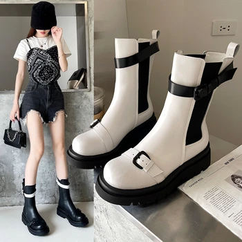 Senhoras Meados de tubo de Botas de 2021 Grosso-Botas com sola de Sapatos femininos Inverno Designer Chelsea Botas de Salto Alto para Mulheres Botas de Moda