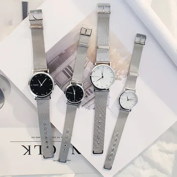Simples Amante de Relógio de Prata de Malha Fina Pulseira de Moda Casual Mulheres de Quartzo relógio de Pulso dos Homens reloj mujer relógio masculino Par de Relógio