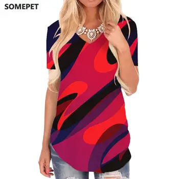 SOMEPET Chama T-shirt das mulheres Pintura V-pescoço Camiseta Criatividade camisetas divertidas Arte Camisetas Impressas Roupas de Mulheres de Verão Solto